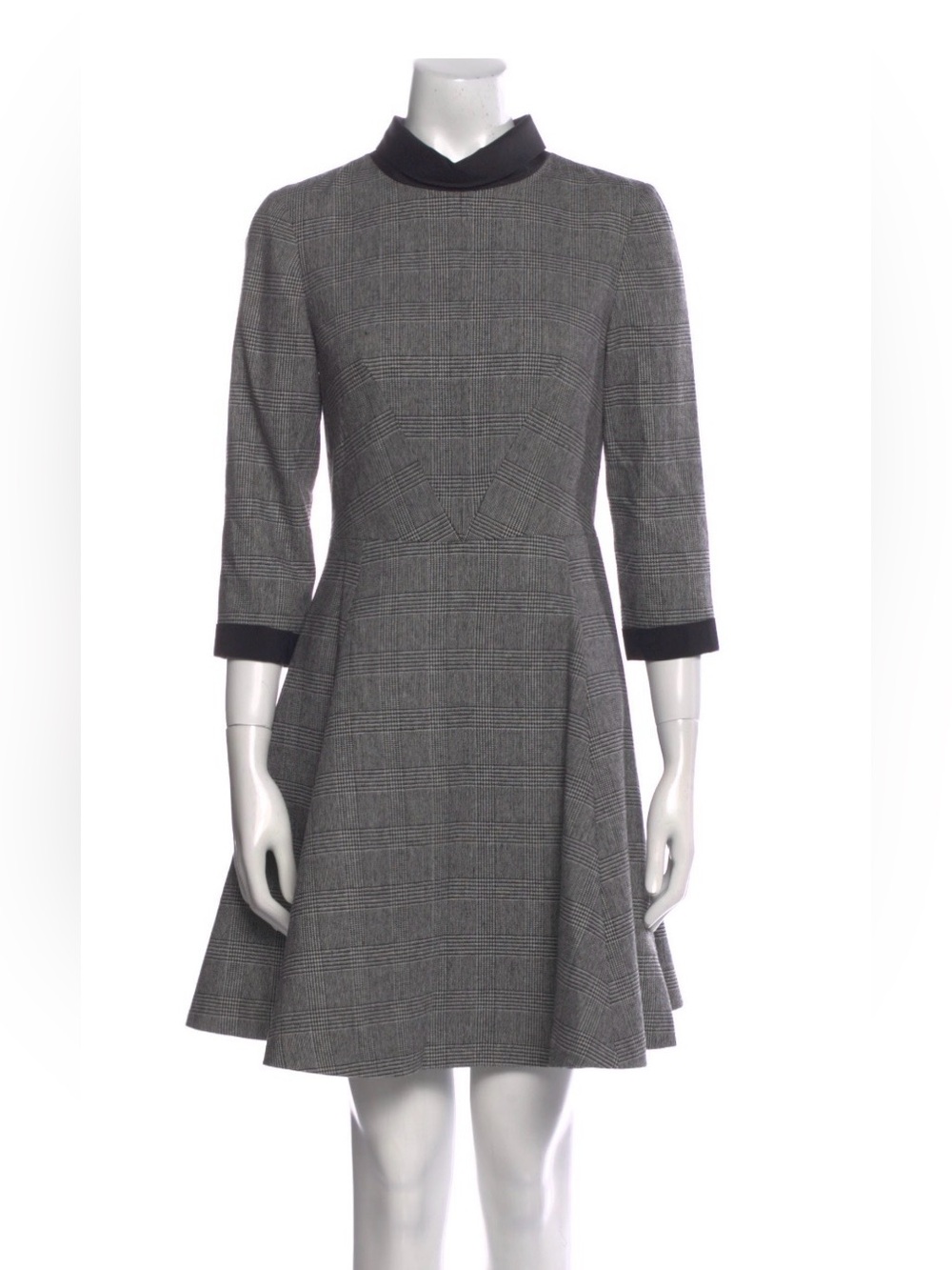 Ted Baker Wool Grey Plaid Fit-and-Flare Dress with Black Trim